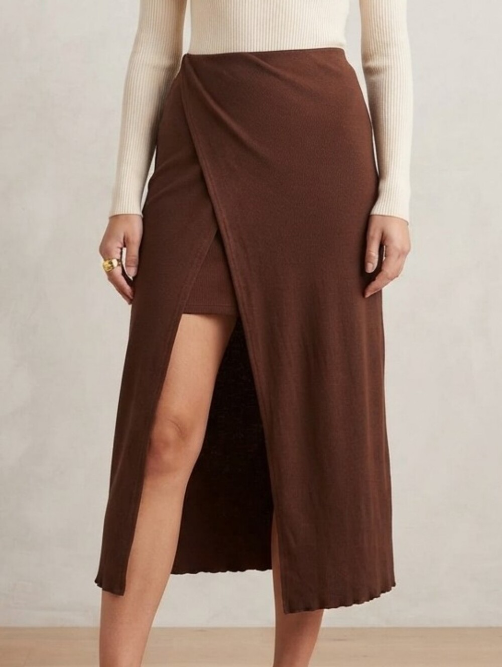 NEVER WORN 7 for All Man Kind Rich Brown Wrap Midi Skirt w/Under Skirt Inside M